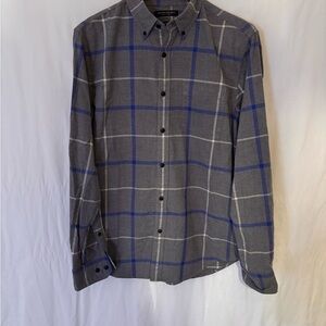 Banana Republic Men's Camden Fit Luxe Flannel Shirt Grey Blue Plaid Button Up XL